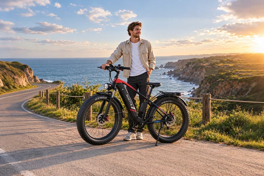 Man standing with DUOTTS fat tire e-bike on coastal cliff road at sunset
