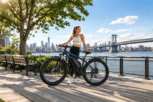 Fit young woman standing beside black DUOTTS fat tire electric bike on waterfront boardwalk, city skyline and steel bridge across river, bright sunny urban lifestyle shot