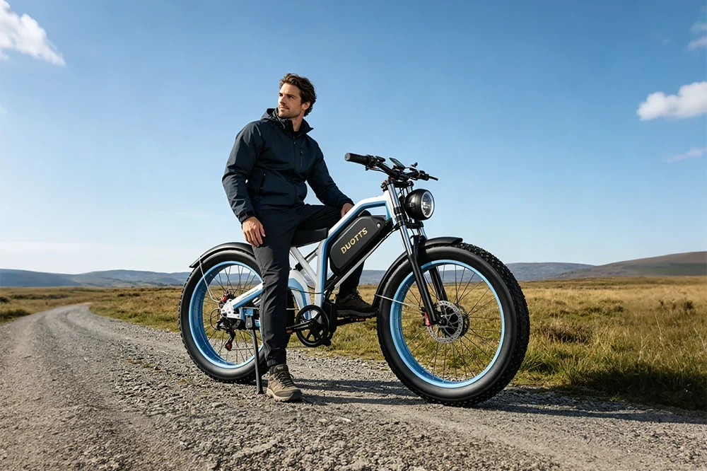 Man resting beside silver heavy-duty fat tire electric mountain bike on rural gravel road, wide landscape view, outdoor adventure ebike
