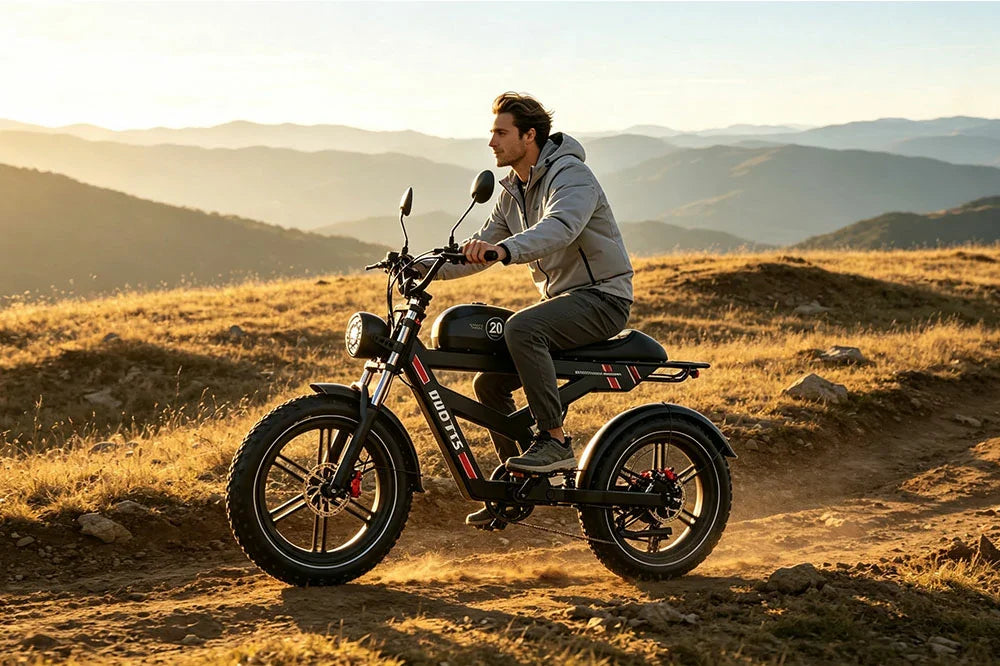 Vintage style e-mountain bike lifestyle photo, rider traveling on highland trail during dusk
