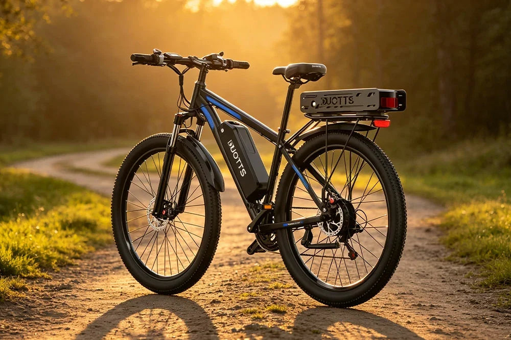 Back‑side shot of DUOTTS electric mountain e‑bike with rear rack, fat anti‑slip tires, standing on country dirt road in golden sunset lighting
