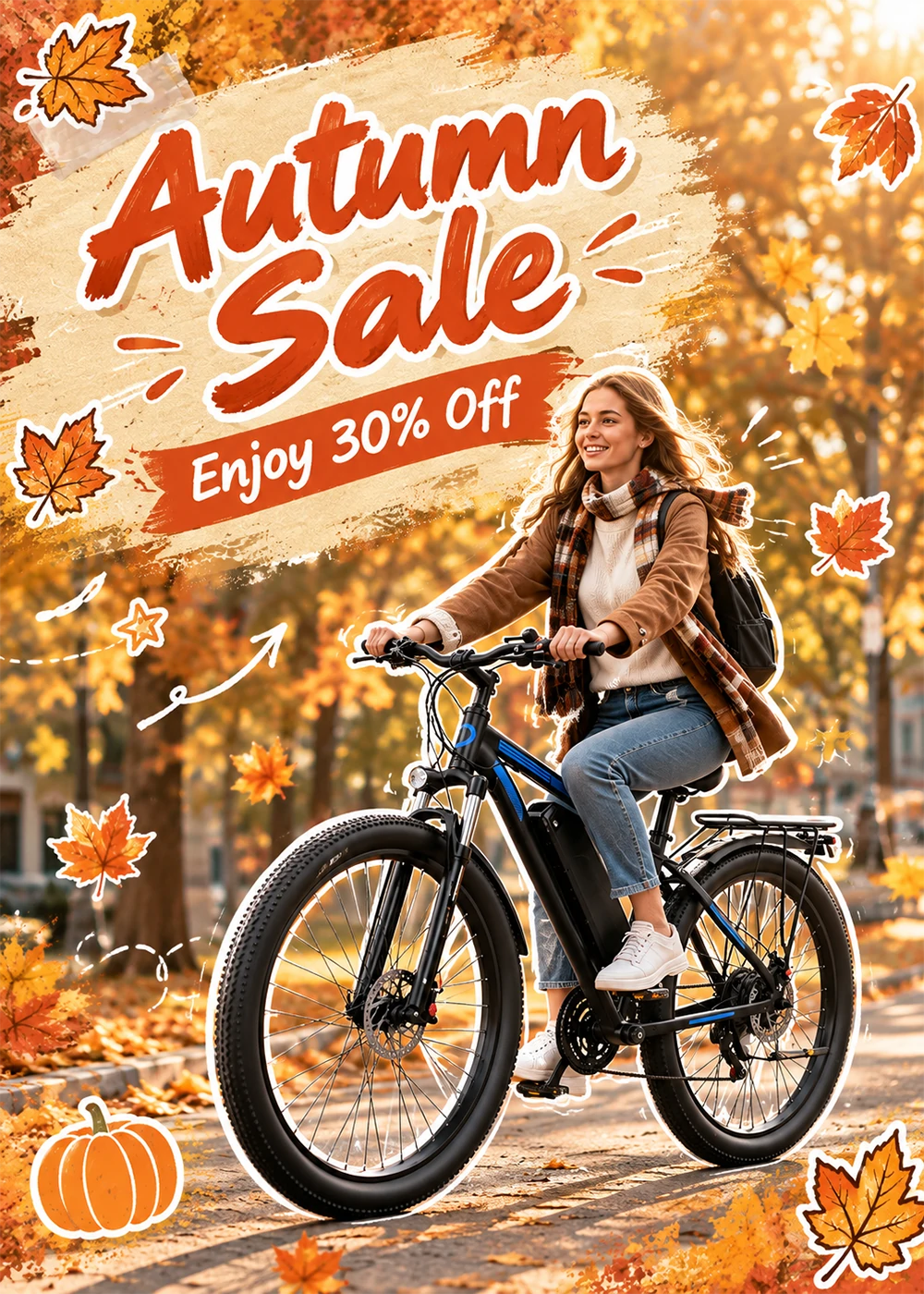 Autumn Sale mobile poster, lady riding fat tire electric bicycle in autumn woods, 30% discount