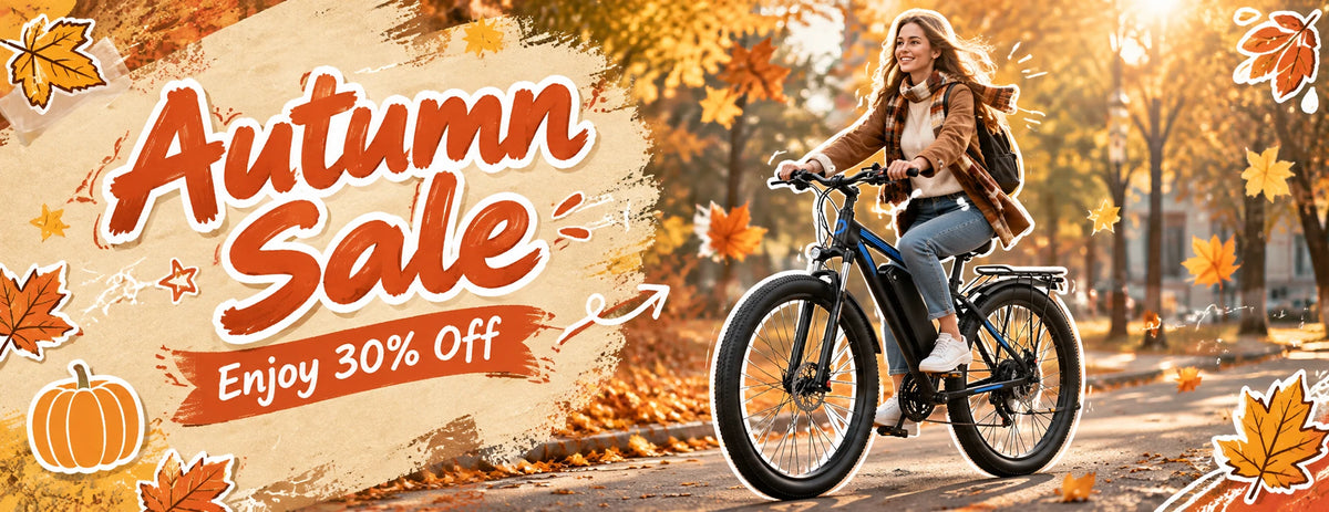 Autumn Sale desktop banner, woman riding fat tire e-bike on autumn forest road, enjoy 30% off