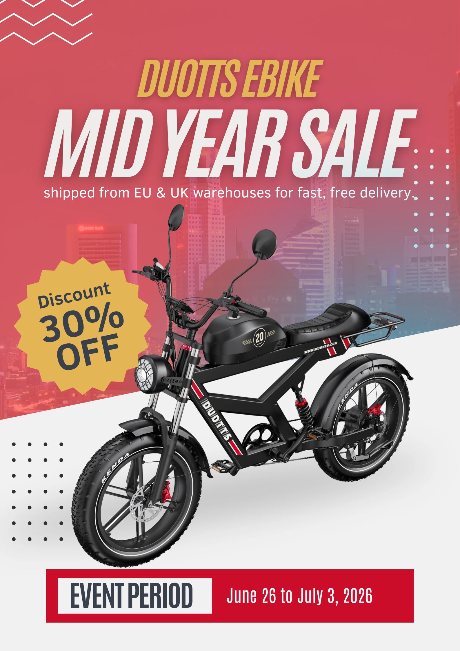 DUOTTS ebike Mid Year Sale vertical poster, 30% off discount badge, retro fat tire electric motorcycle bike, shipped from EU & UK warehouse free fast delivery