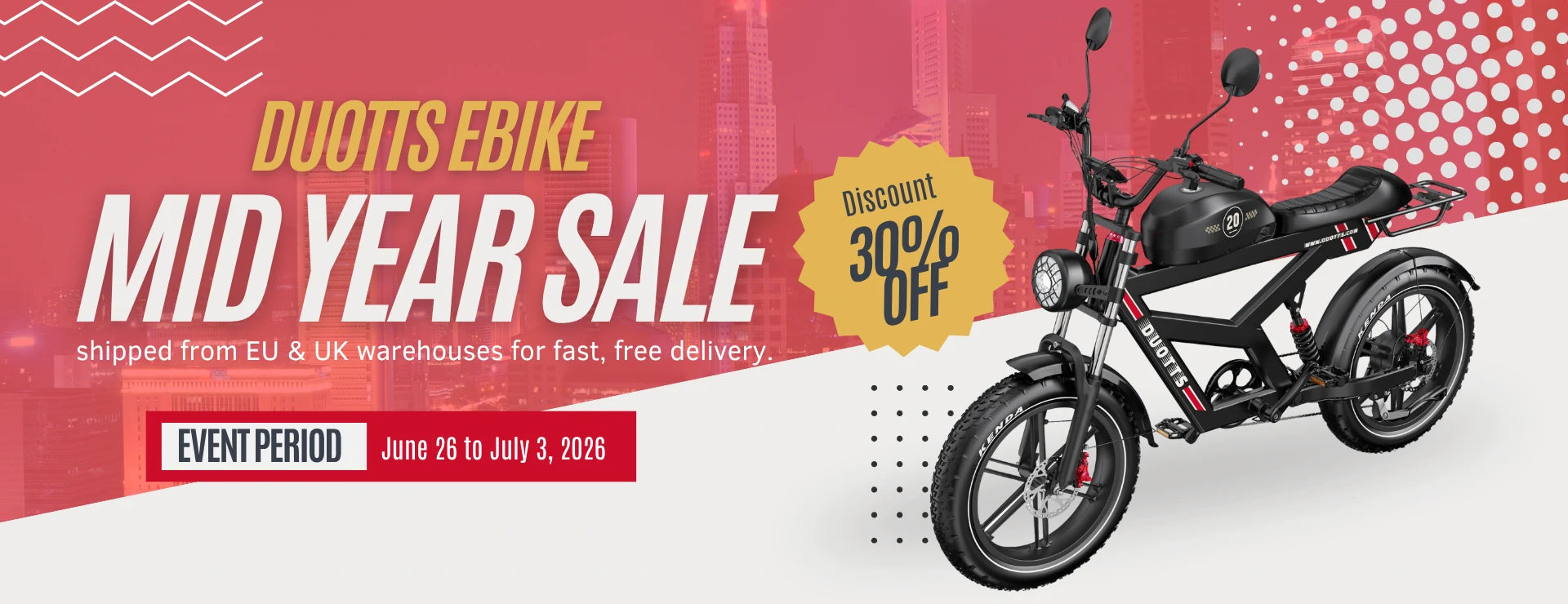 Wide homepage banner DUOTTS electric bike mid year sale, 30% discount, retro fat tire ebike display, EU warehouse free fast shipping text, red urban backdrop